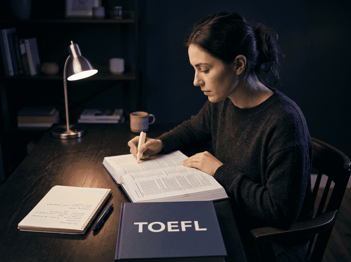زبان‌آموز در حال مطالعه‌ی کتاب آمادگی TOEFL و یادداشت‌برداری